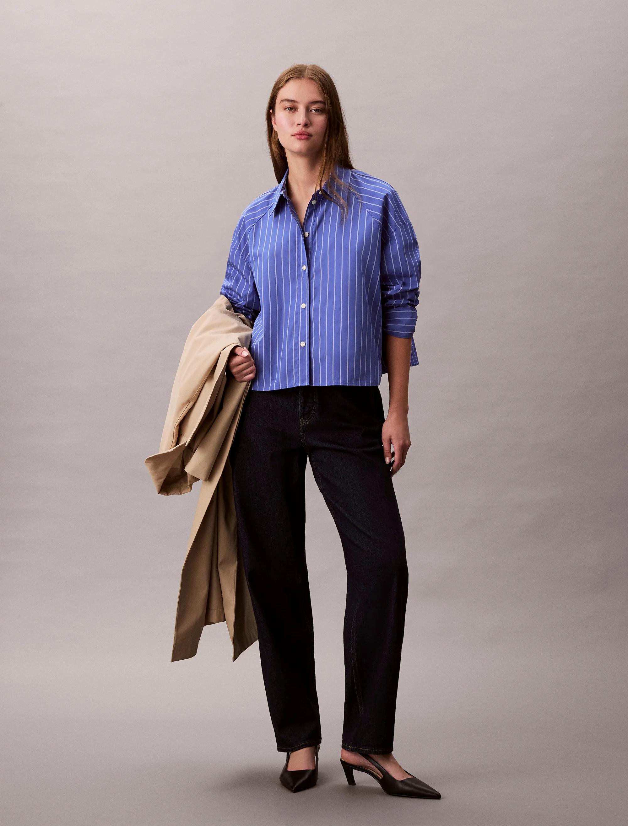 CK JEANS Áo Sơ Mi Nữ Stripe Boxy Cropped Shirt