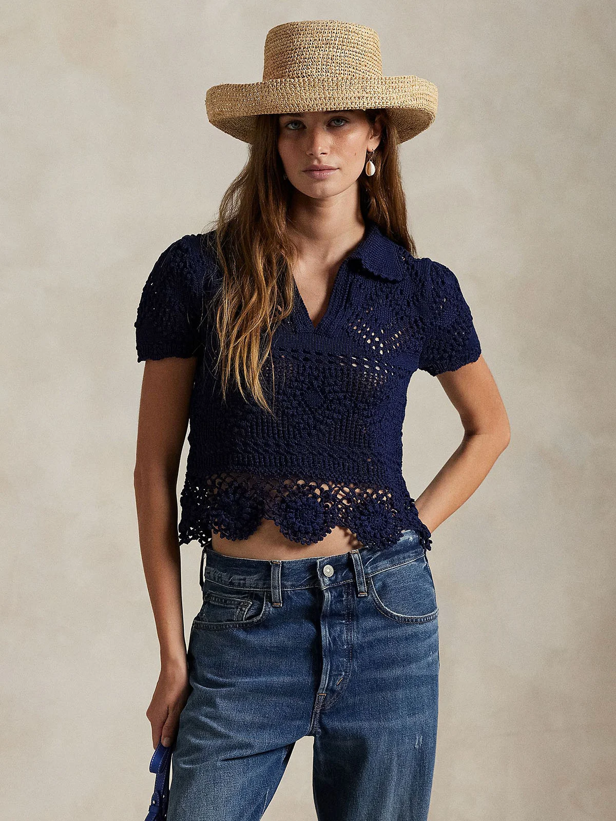 POLO RALPH LAUREN Áo Kiểu Nữ Tay Ngắn Pointelle Cotton Polo Shirt