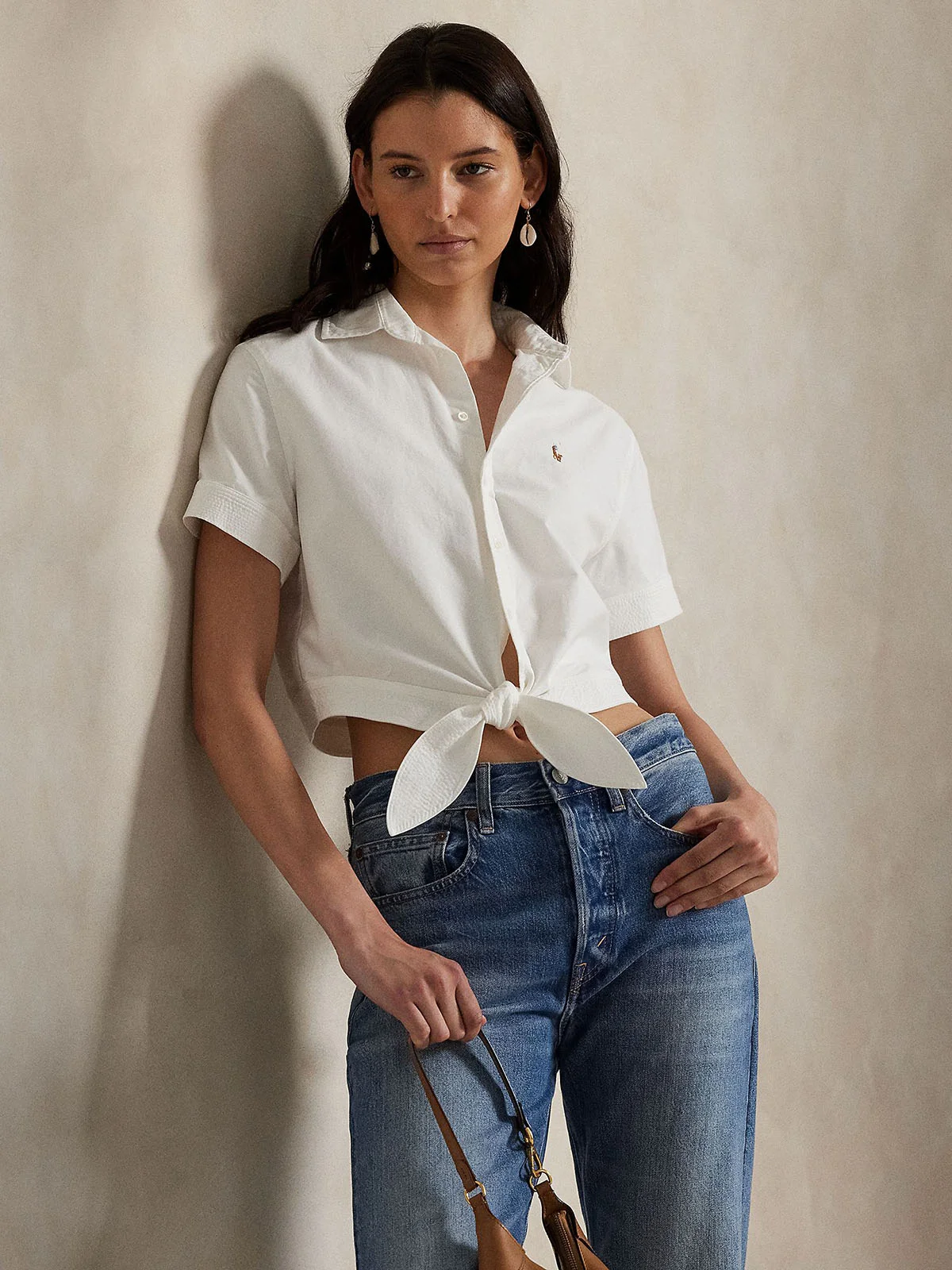 POLO RALPH LAUREN Áo Sơ Mi Nữ Tay Ngắn Cotton Oxford Tie-Front Cropped Shirt