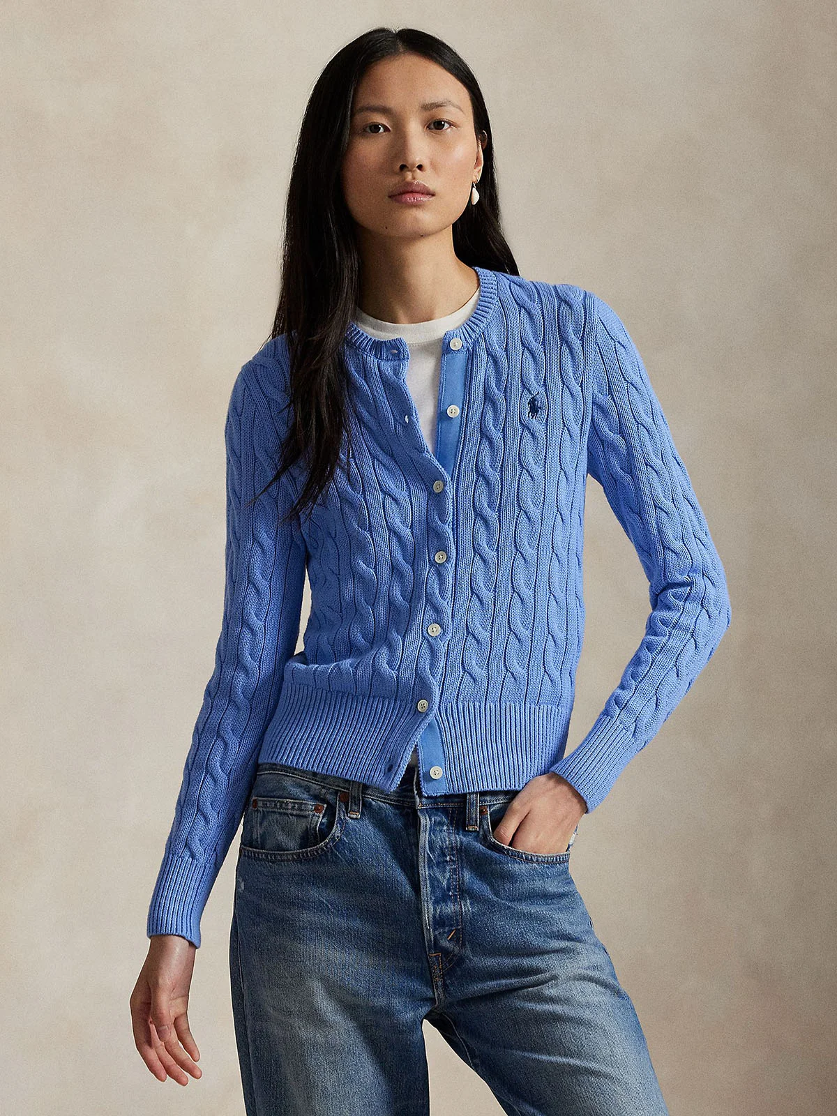 POLO RALPH LAUREN Áo Cardigan Nữ Tay Dài Cable-Knit Cotton Crewneck Cardigan