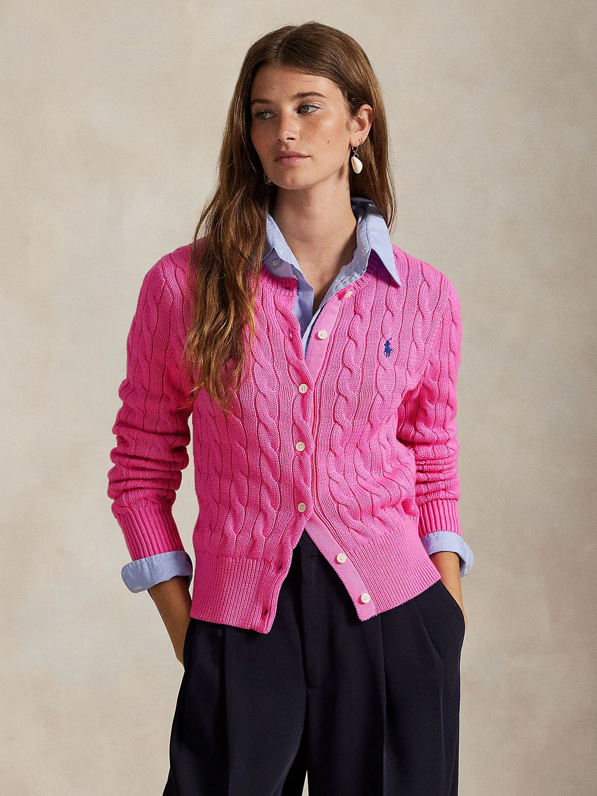 POLO RALPH LAUREN Áo Cardigan Nữ Tay Dài Cable-Knit Cotton Crewneck Cardigan