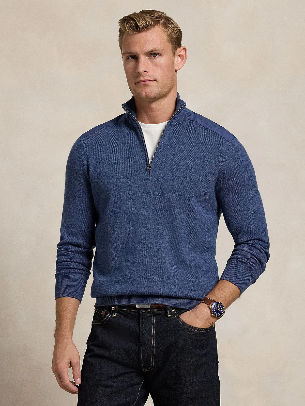POLO RALPH LAUREN Áo Pullover Nam Tay Dài Contrast-Panel Wool Quarter-Zip Sweater