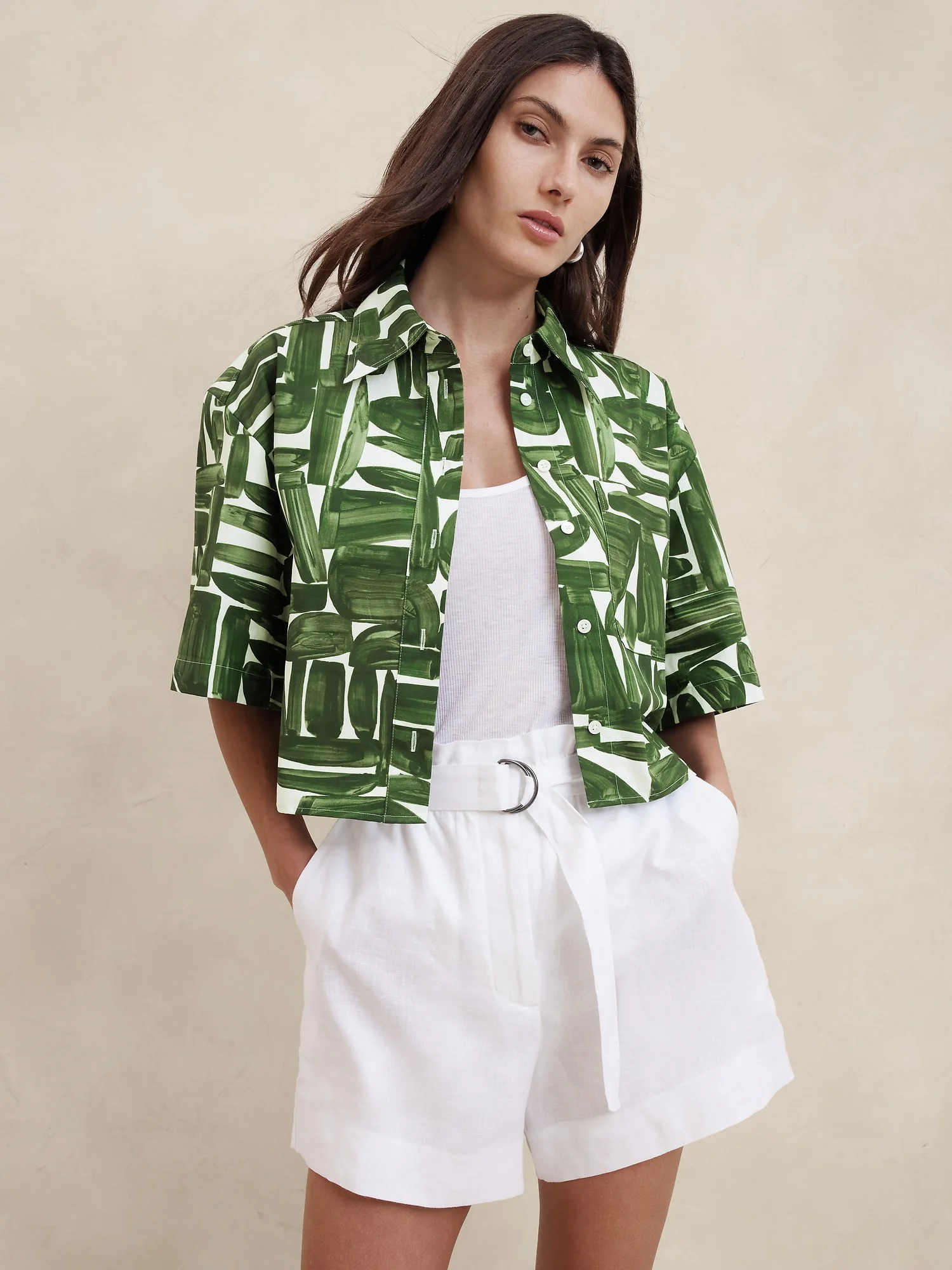 BANANA REPUBLIC Áo Sơ Mi Tay Ngắn Nữ Ss Cropped Ski