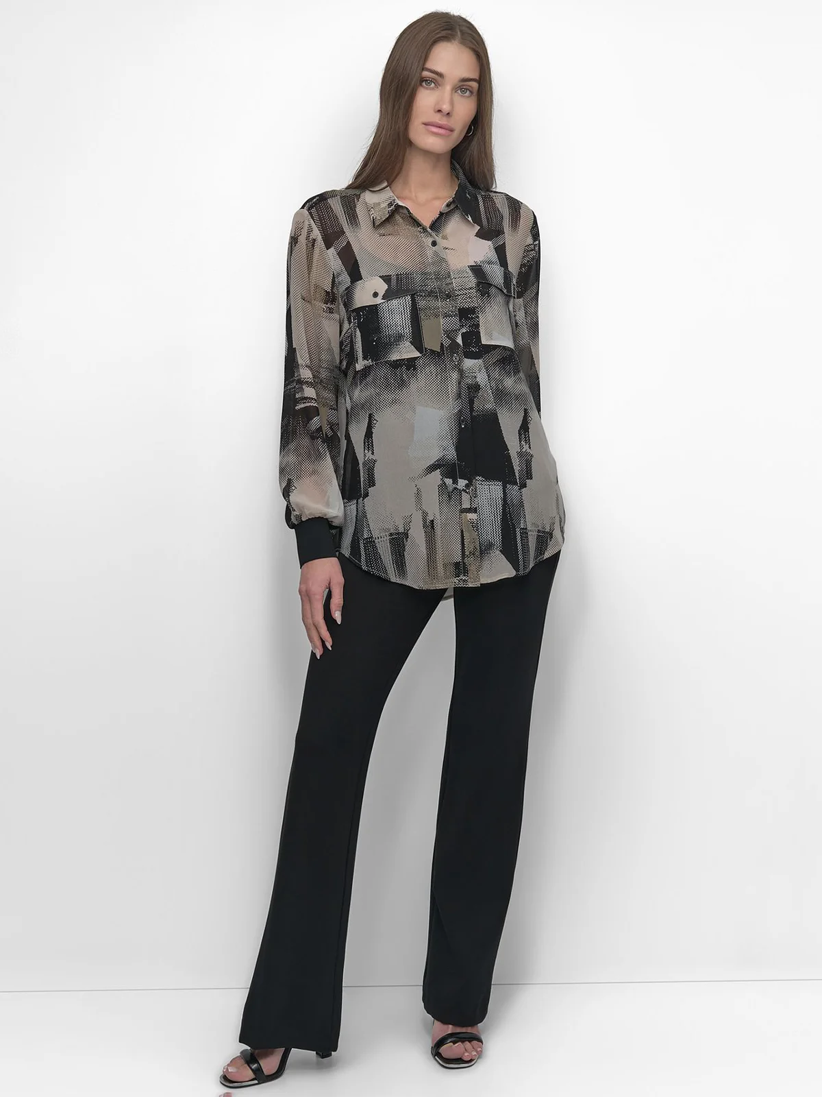 DKNY Áo Sơ Mi Nữ L/S Bttn Prntd Chiffon Shirt
