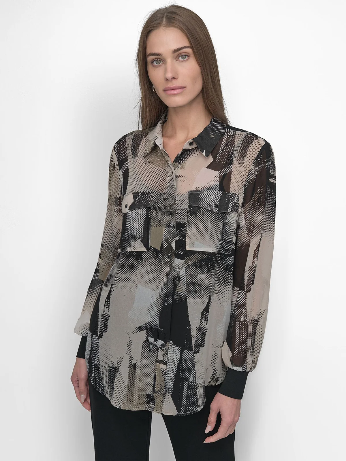 DKNY Áo Sơ Mi Nữ L/S Bttn Prntd Chiffon Shirt