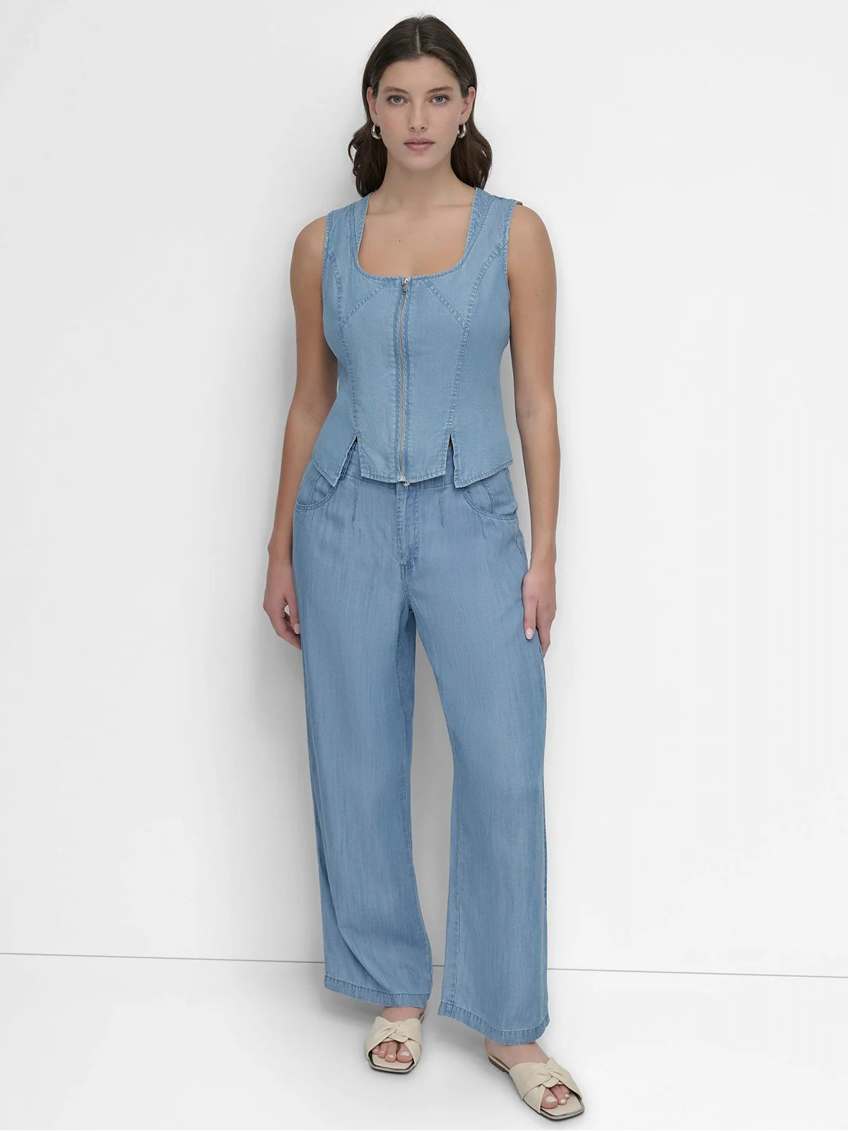 DKNY Áo Kiểu Nữ S/L Zip Front Tencel Corset