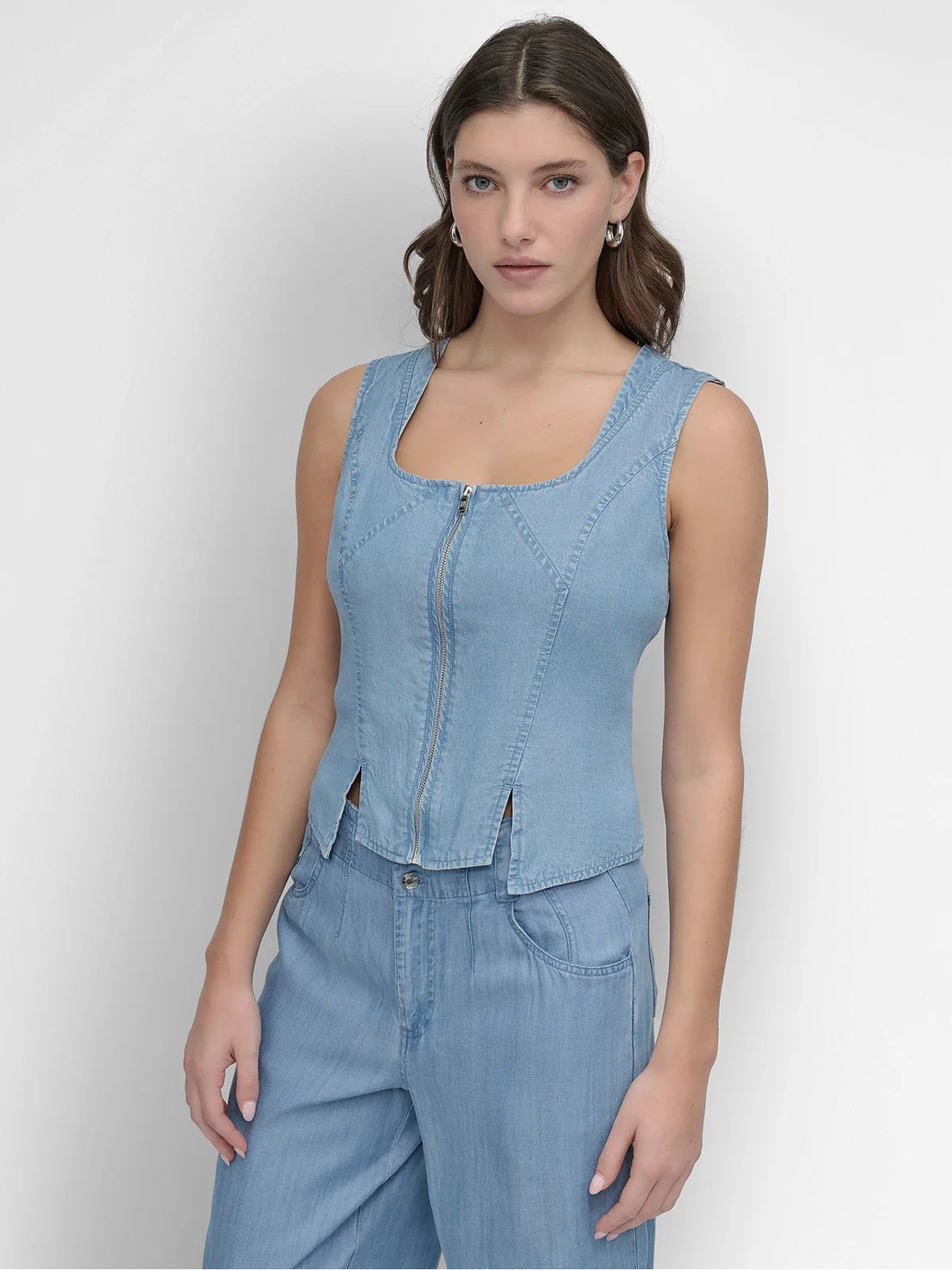 DKNY Áo Kiểu Nữ S/L Zip Front Tencel Corset