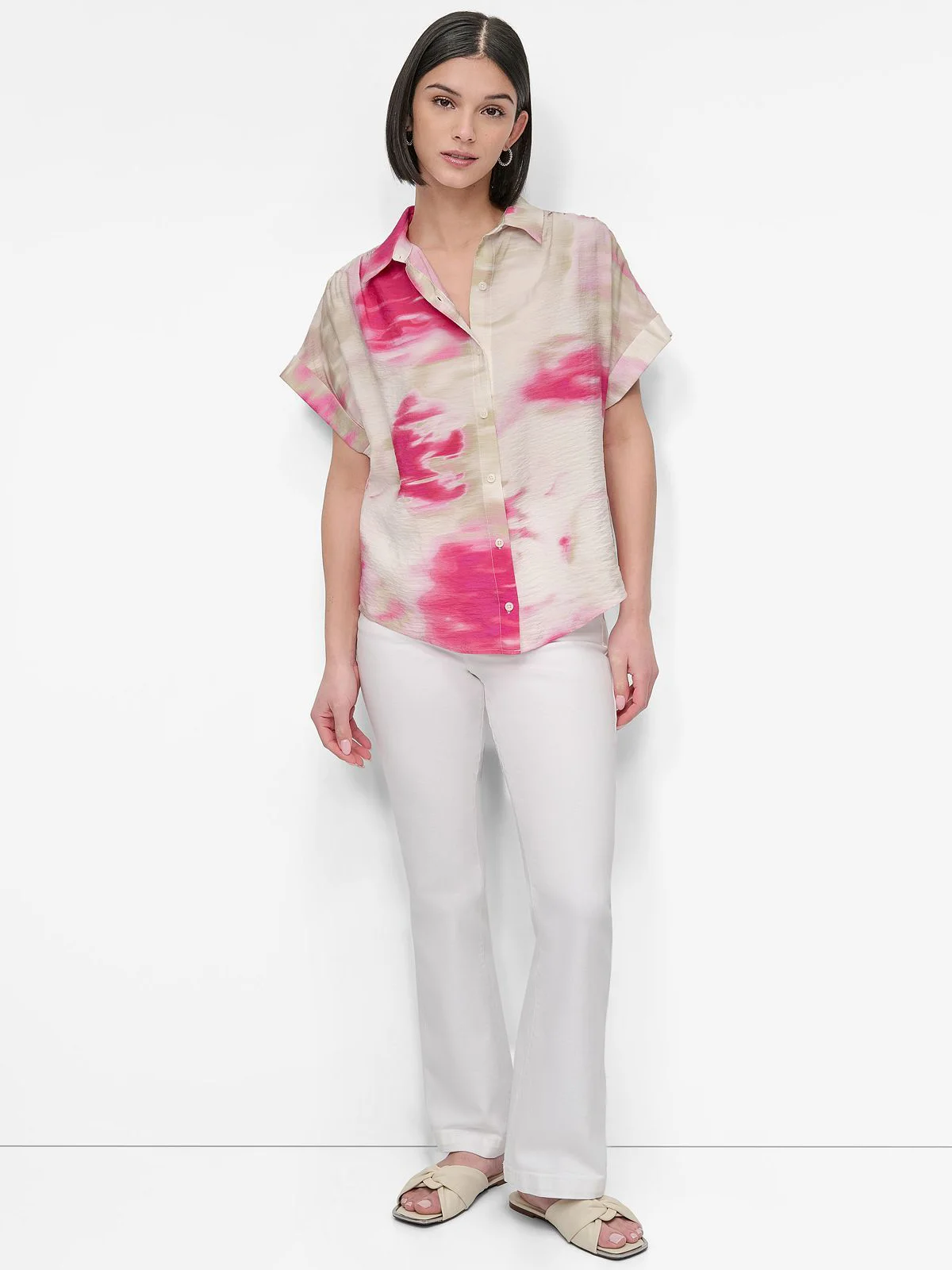 DKNY Áo Sơ Mi Nữ S/S Printed Cotton V