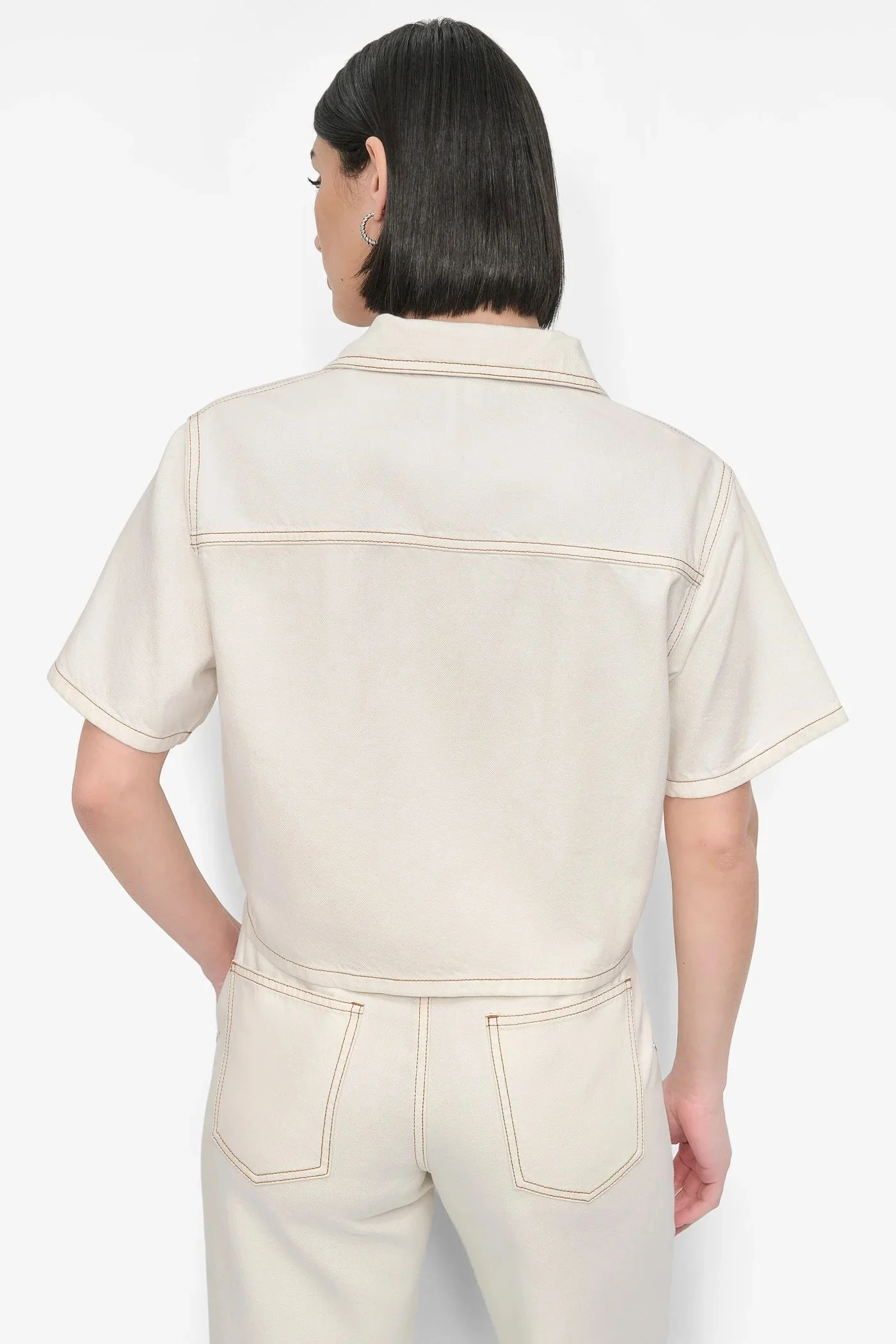 DKNY Áo Sơ Mi Nữ S/S Ecru Denim Zip Front Shirt