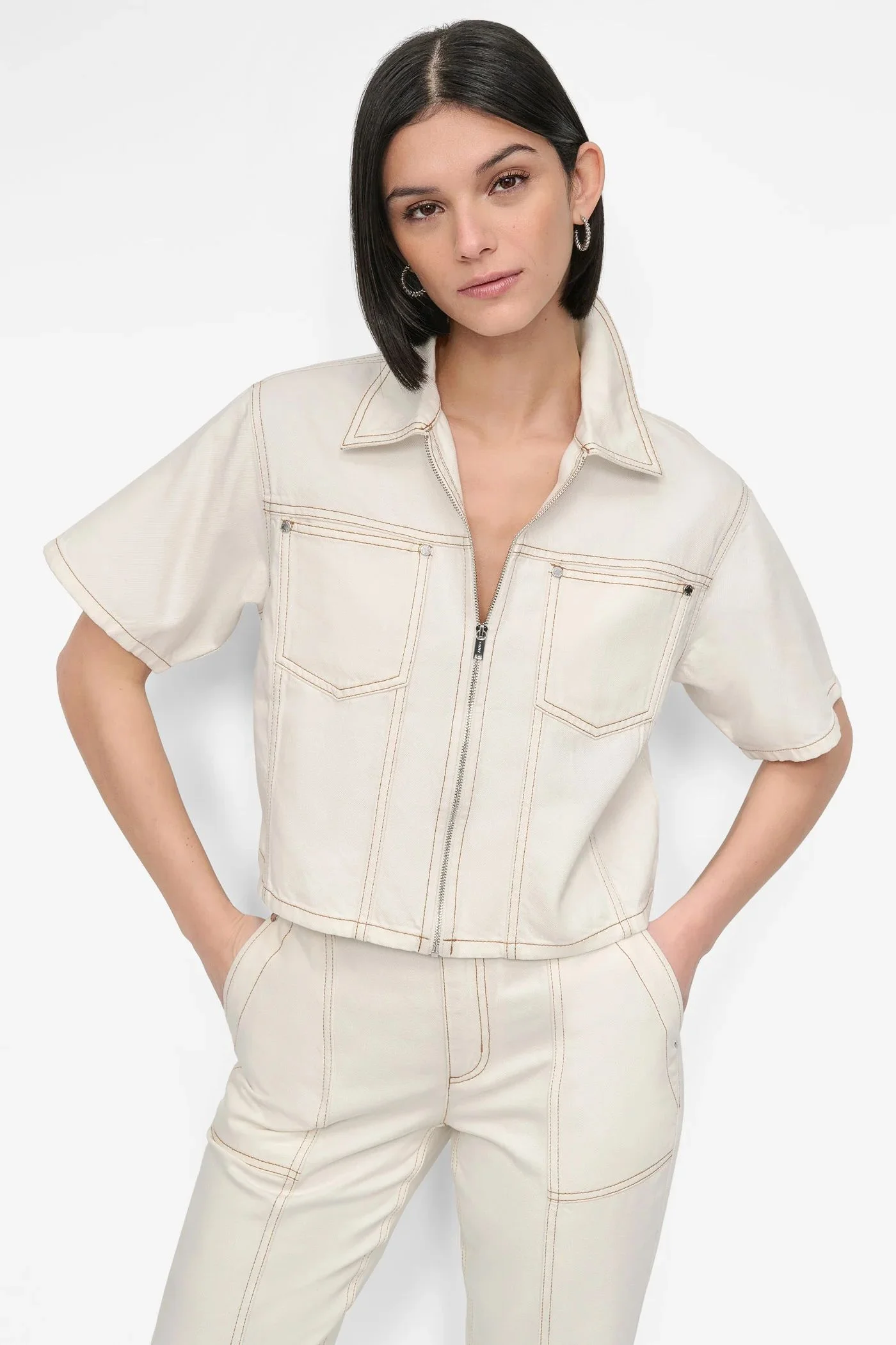DKNY Áo Sơ Mi Nữ S/S Ecru Denim Zip Front Shirt