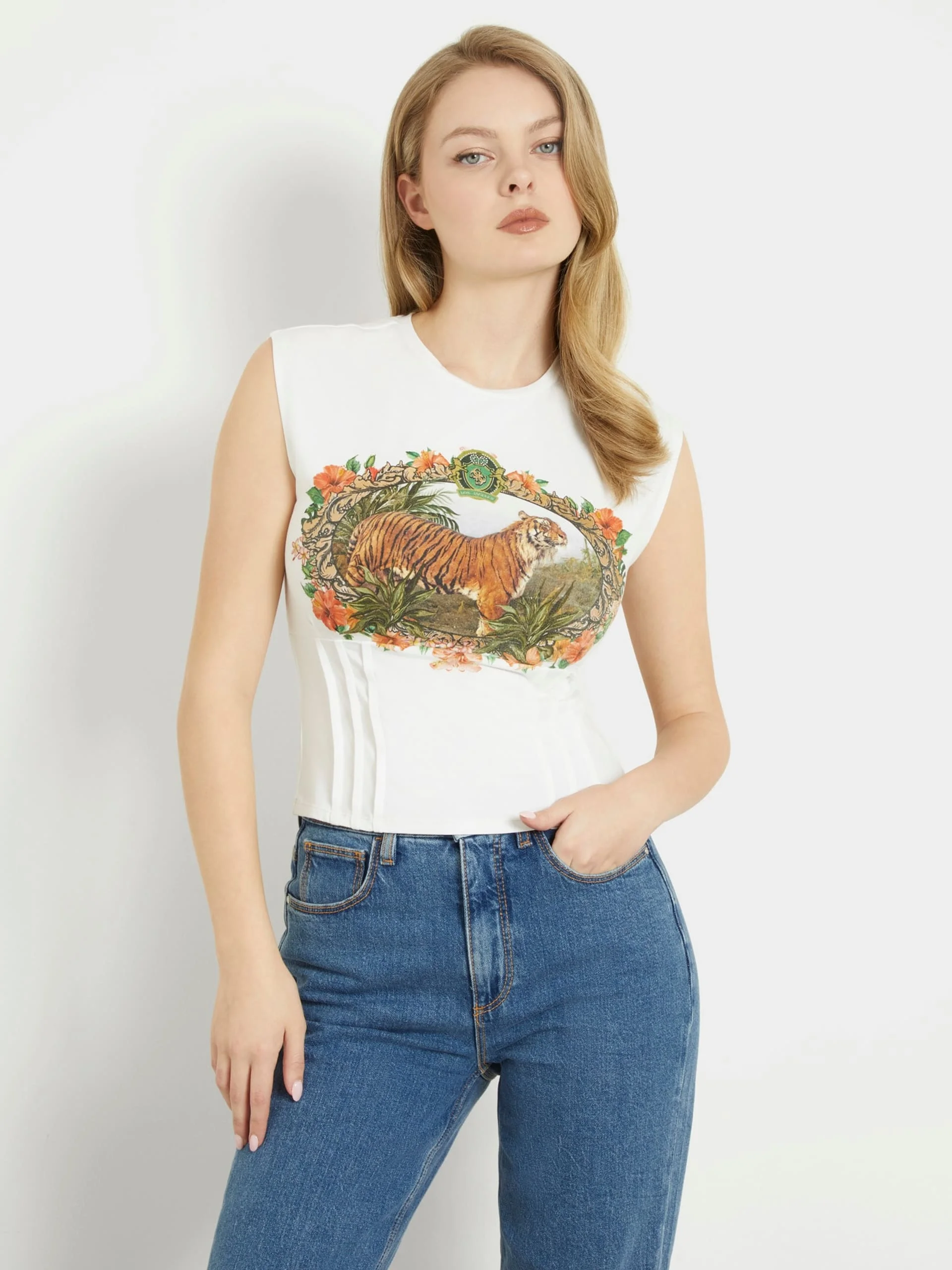 GUESS WOMAN Áo Thun Nữ - Sl Vintage Tiger Corset Tee