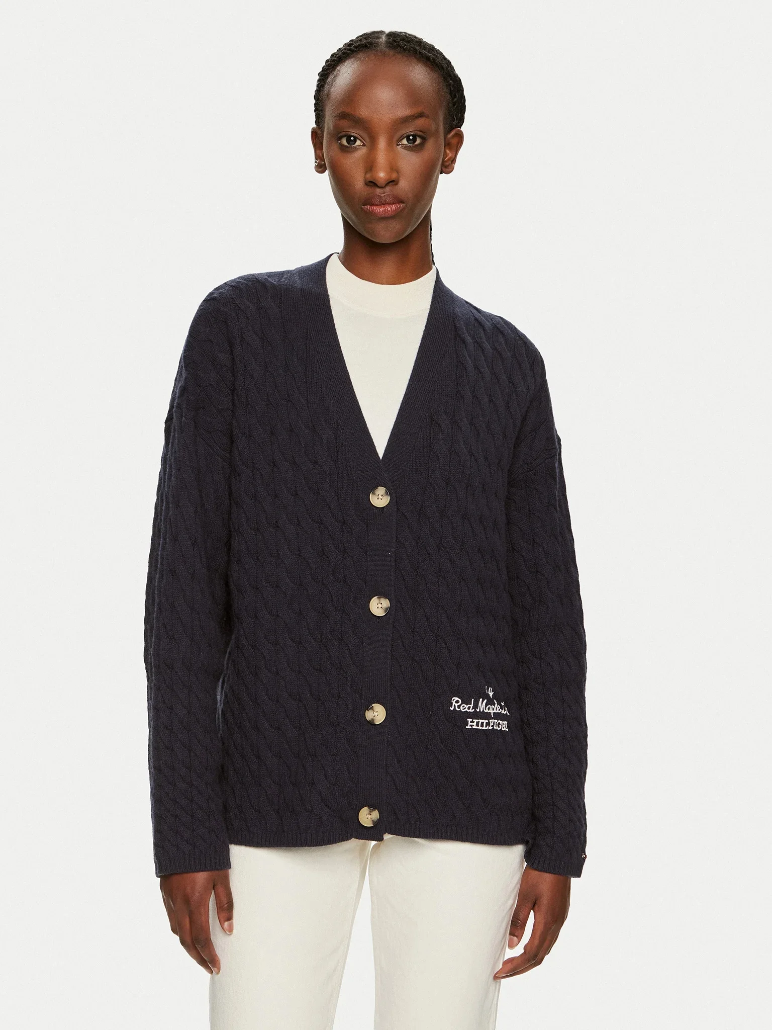 TOMMY HILFIGER Áo Cardigan Nữ Tay Dài Wool Blend Cable V-Nk Cardigan