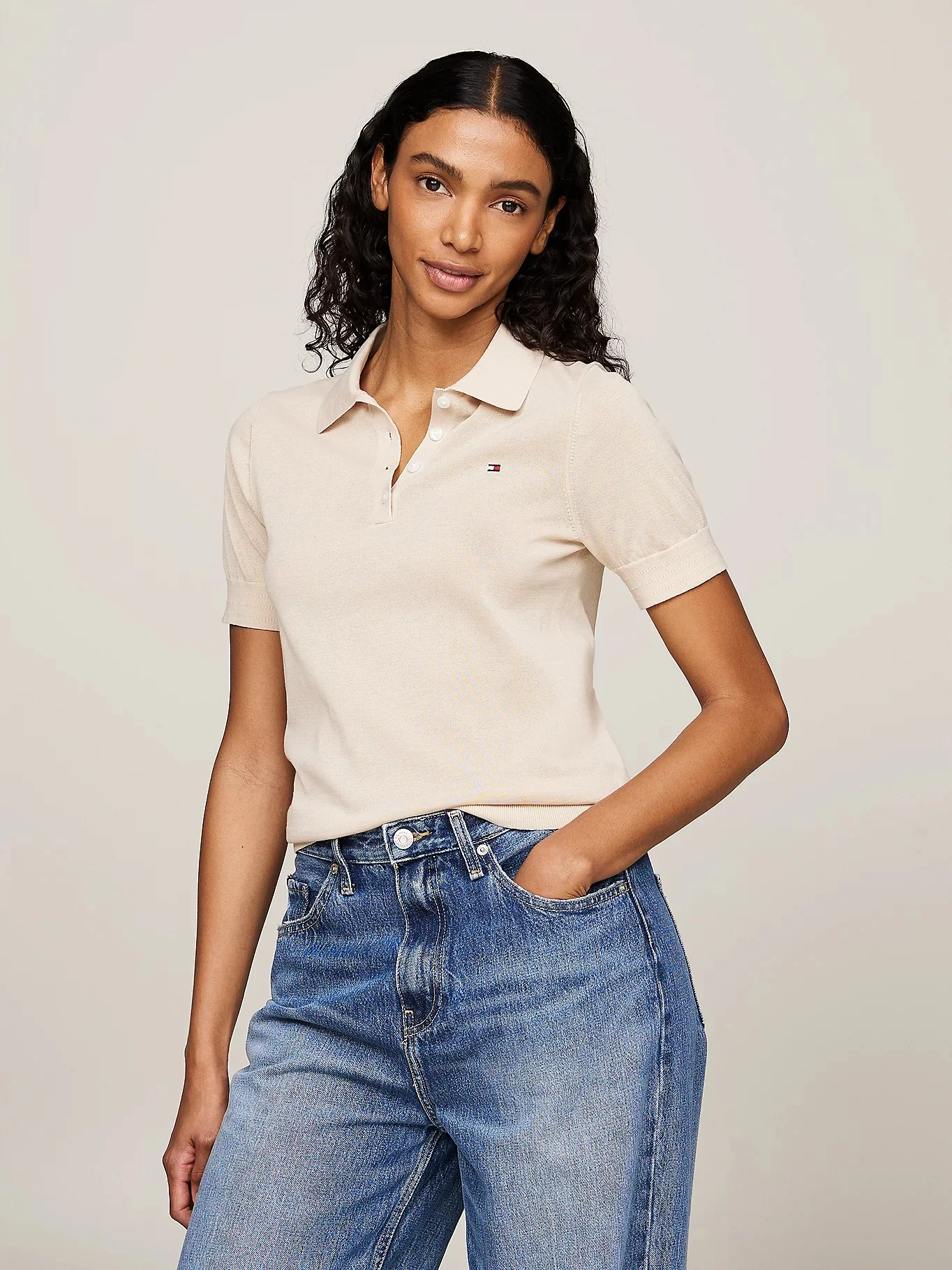 TOMMY HILFIGER Áo Sweater Nữ Tay Ngắn CO Fine Gg Polo SS Sweater