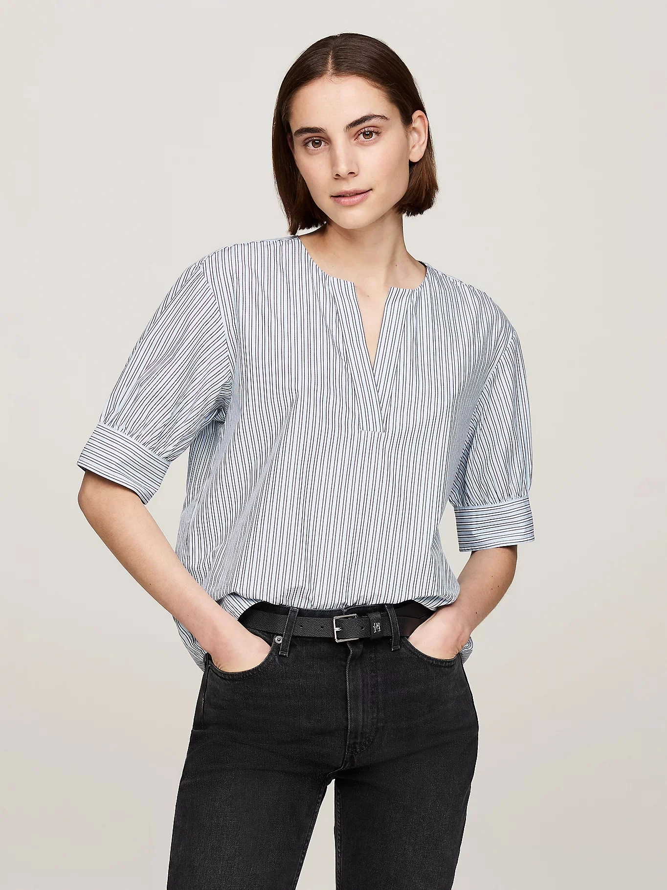 TOMMY HILFIGER Áo Kiểu Nữ Tay Ngắn Ivy Stripe Co V-Neck S/S Blouse